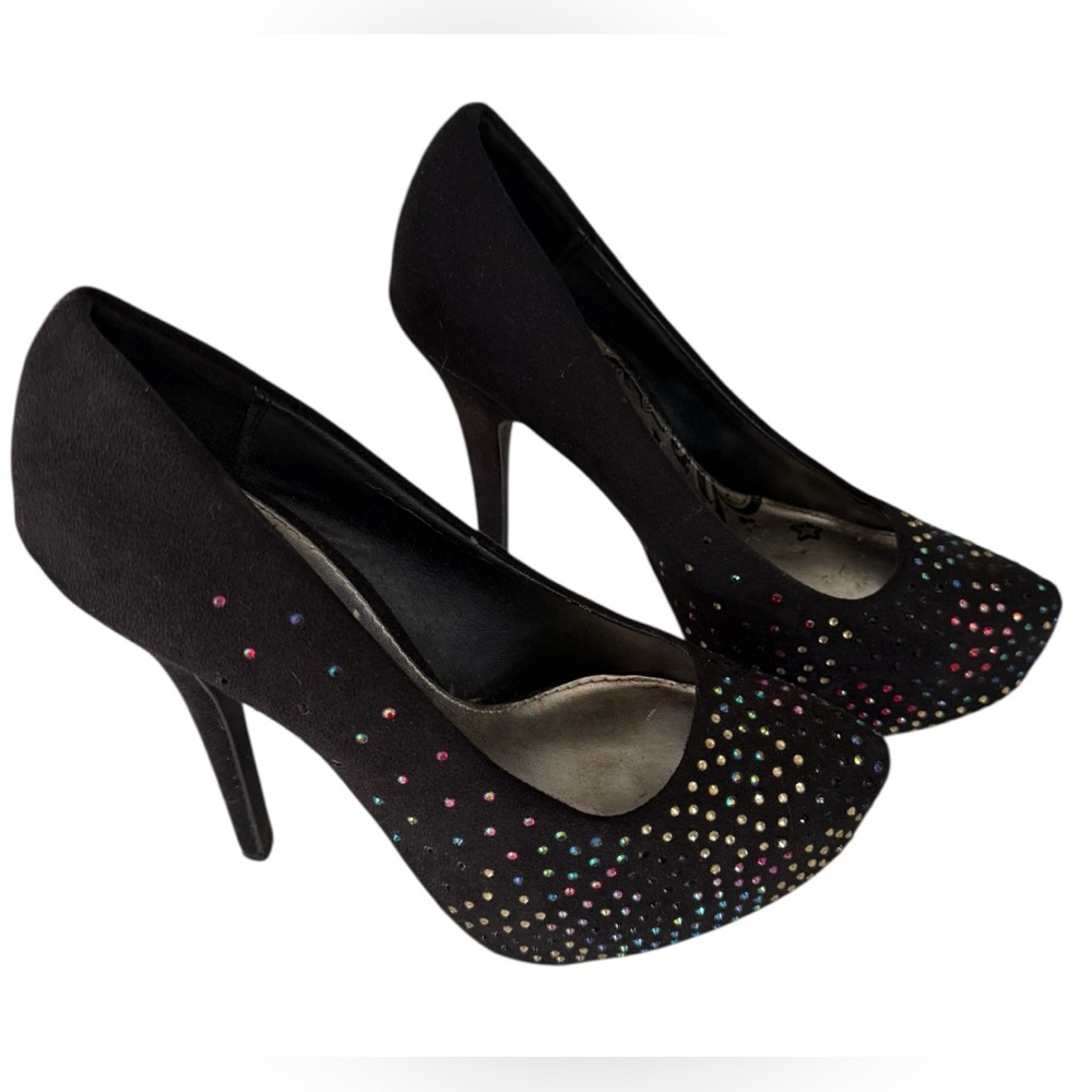 Brash Y2K High Heels Stripper Platform Velvet Rainbow Studded Pumps 7.5